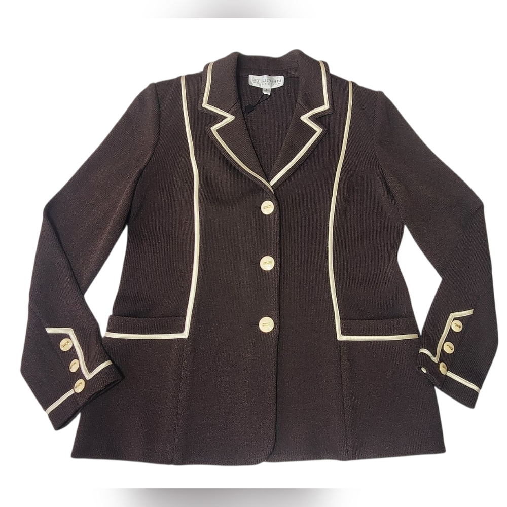 St. John Collection Brown Knit Blazer Jacket Contrast Trim Wool Rayon NWT